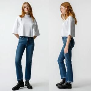 AMO Bella Crop Crush Raw Hem Slight Flare Jeans Size 27 USA Premium Denim